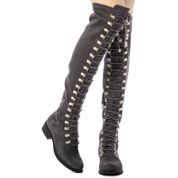 Globalwin Grey Faux Suede Lace Up Over The Knee Boots 18YY26-4 Womens 5.5 NEW - Picture 2 of 6